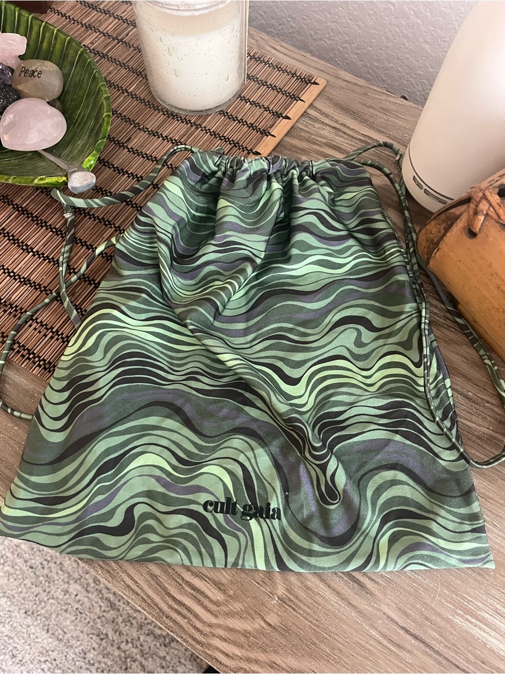 Cult Gaia RARE drawstring pouch bag, Saltation Basil green swirl